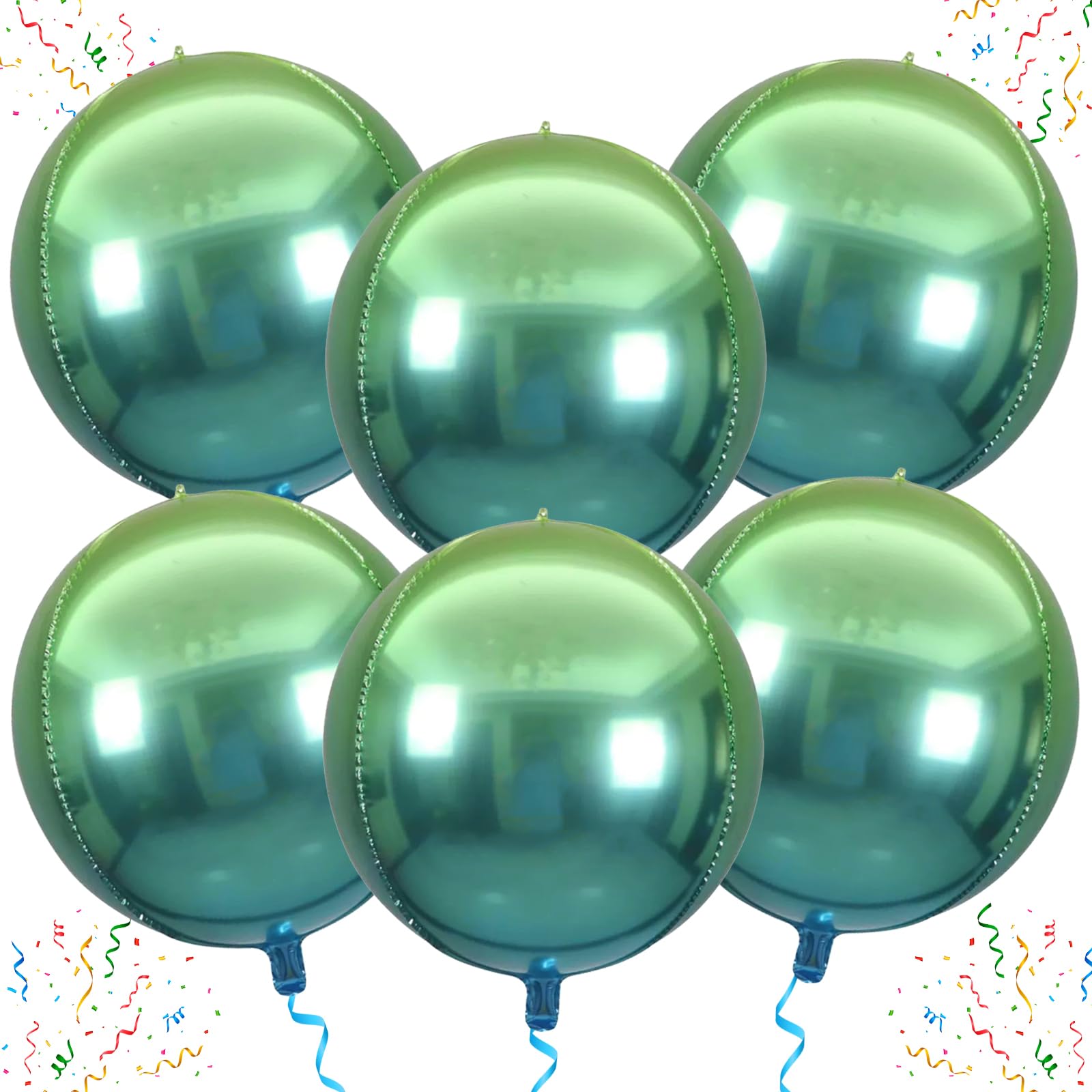 Laackys Round 4D Green Mylar Balloons - 22 Inch, 6 Pack | Metallic Green Balloons for Halloween Decorations