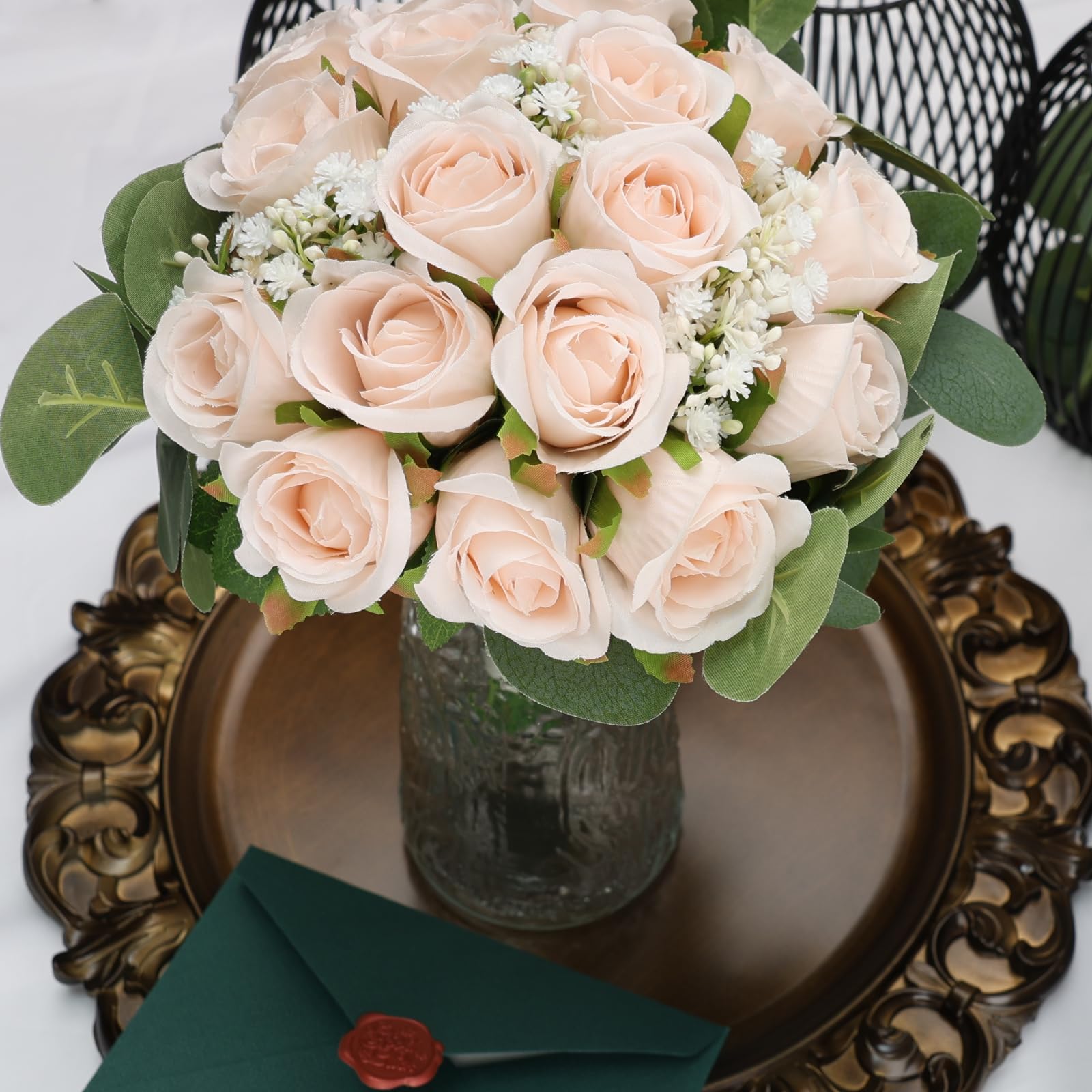 DIYDOFUN Artificial Rose Wedding Bouquets - Set Of 4, 9 Inch White Rose Arrangements