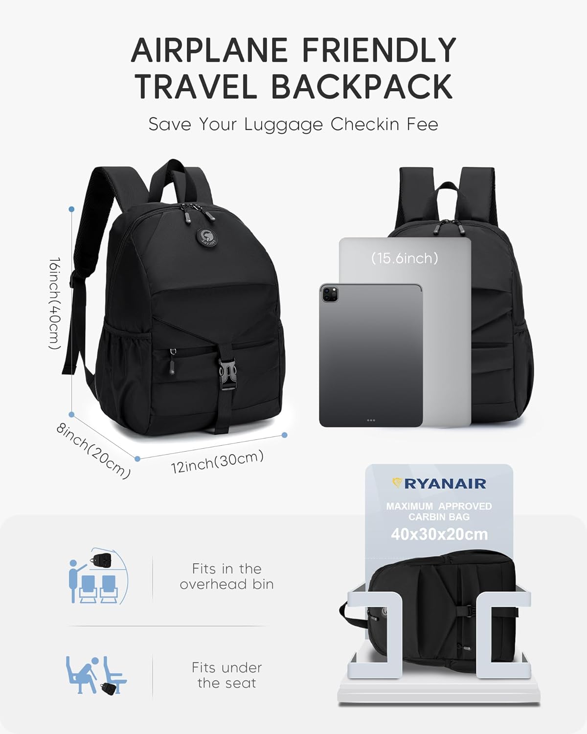 United Airlines Personal Item Bag 17x10x9 40x30x20 cm Travel Bag Lightweight Underseat Luggage Bag Mochila Para Viaje En Avion for Men Women (Black) - Image 2