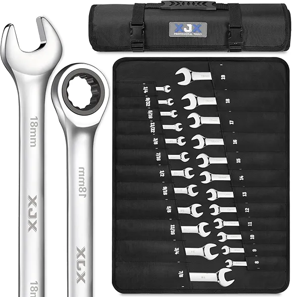 XJX 24PCS Ratcheting Combination Wrench Set | SAE & Metric | 12 Point | 1/4”to 7/8” and 8-19mm | CR-V Steel | Ratchet Wrenches Set with Portable Roll-Up Pouch