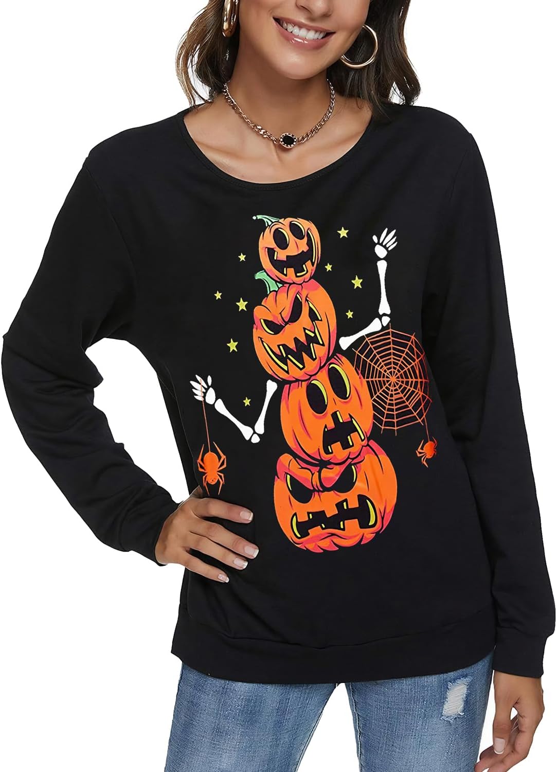Women Halloween Sweatshirts Pumpkin Face Dancing Skeleton Shirt Long Sleeve Sweater Funny Graphic Pullover - Image 6