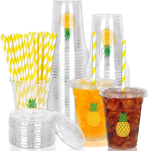 Vista 42 de Whaline 50 piezas de vasos de plástico desechables con cara feliz y pajitas con tapa de un tipo feliz 12 onzas, vasos de fiesta con cara feliz