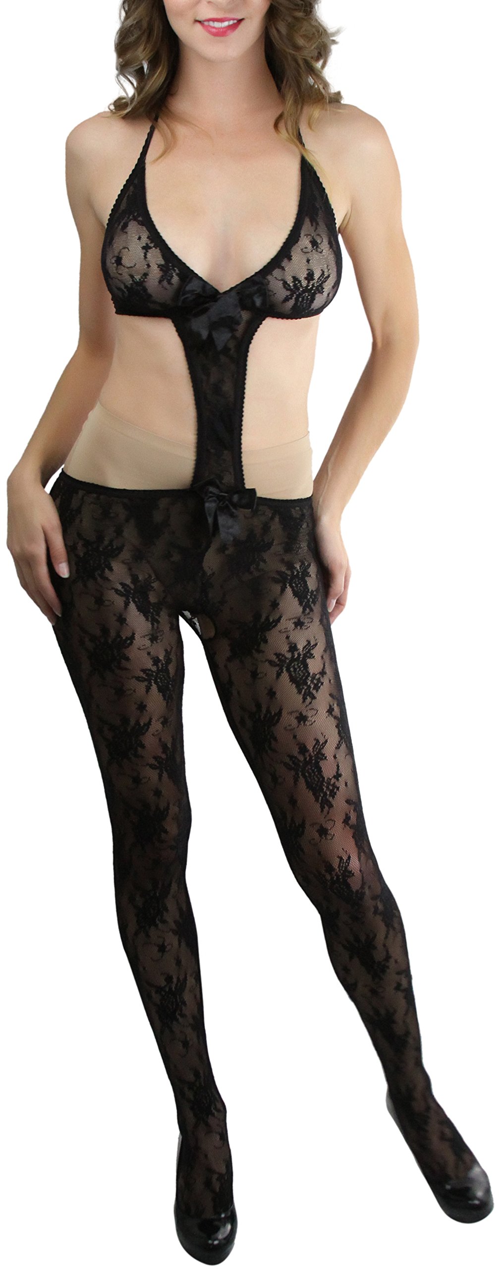 ToBeInStyle Women’s Bodystocking Crotchless Peek-A-Boo Fishnet Lace Bodysuit