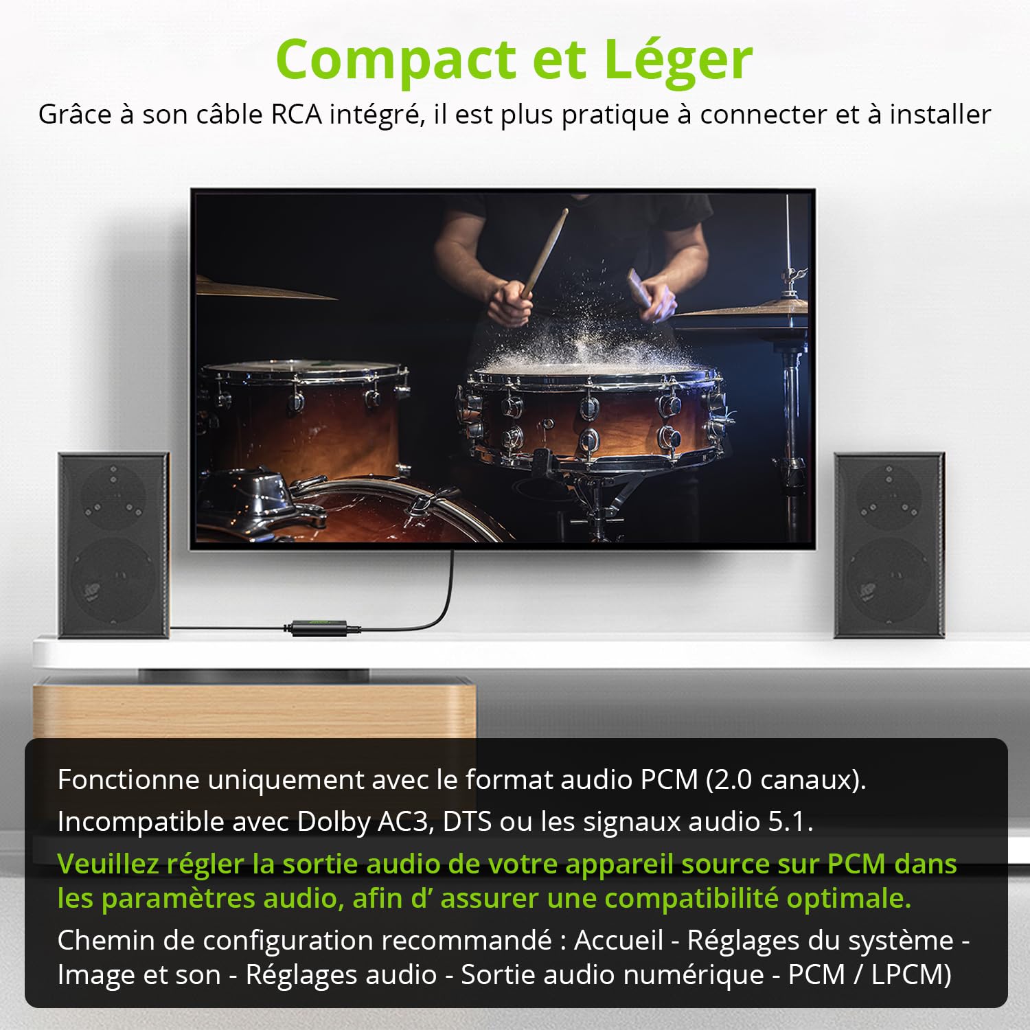 LINKFOR Câble SPDIF vers G/D 192 kHz Convertisseur Intégré Amplificateur Audio Adaptateur RCA L/R