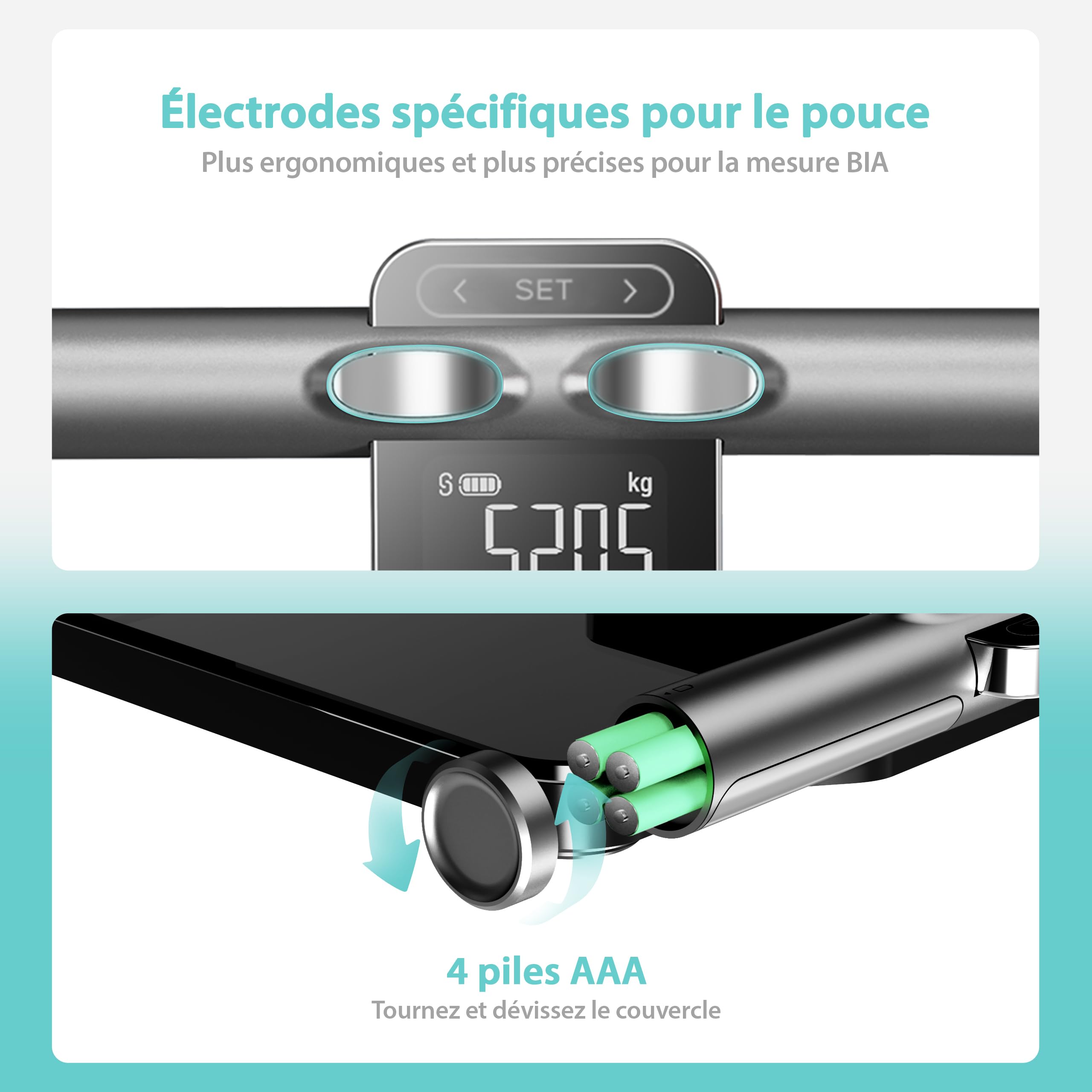 MELTA. Balance Pèse Personne Connecté Intelligent, Balance Impédancemètre 8 Électrodes, Analyse Corporelle Complète, Écran Couleur, 58 Mesures, Bluetooth 5.0, Application Fitdays+, 180kg/400lb