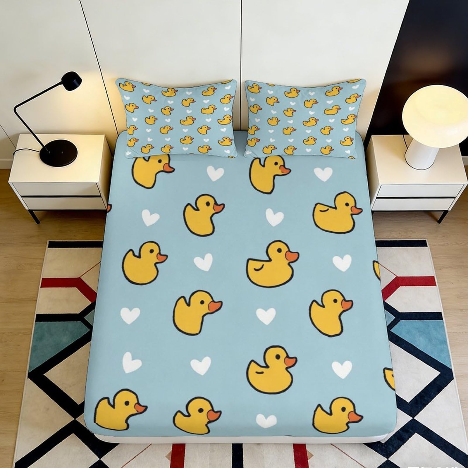 3D Printed Yellow Duck Fitted Sheet Microfiber Blue Heart Bed Sheet for Bedroom Dorm Mattress Protection Decor 90x200x25cm