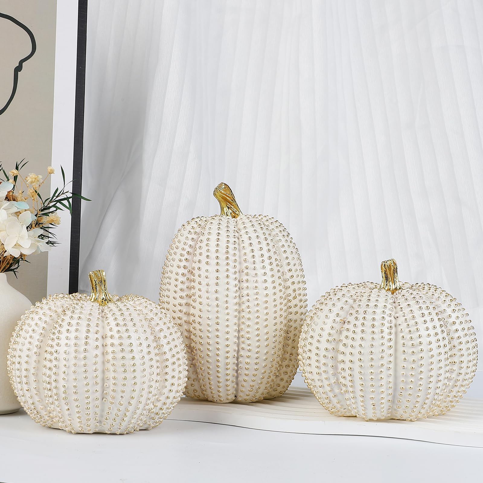 Fangoo 3 Pezzi Resina Zucche Decorazioni Glitterate Bianche e Dorate Centrotavola per Fattoria Autunno Regalo Cucina Decor per Ringraziamento e Raccolto, Centrotavola, Camino, Casa, Ufficio o Fest