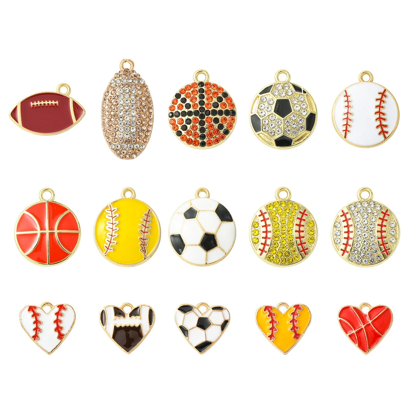 Stiesy 30Pcs Sport Ball Charms for Jewellery Making Enamel Rhinestone Football Soccer Basketball Metal Charm Heart Pendant for Jewelry Making Earrings Bracelets Craft DIY Athletic Presents (15 Styles