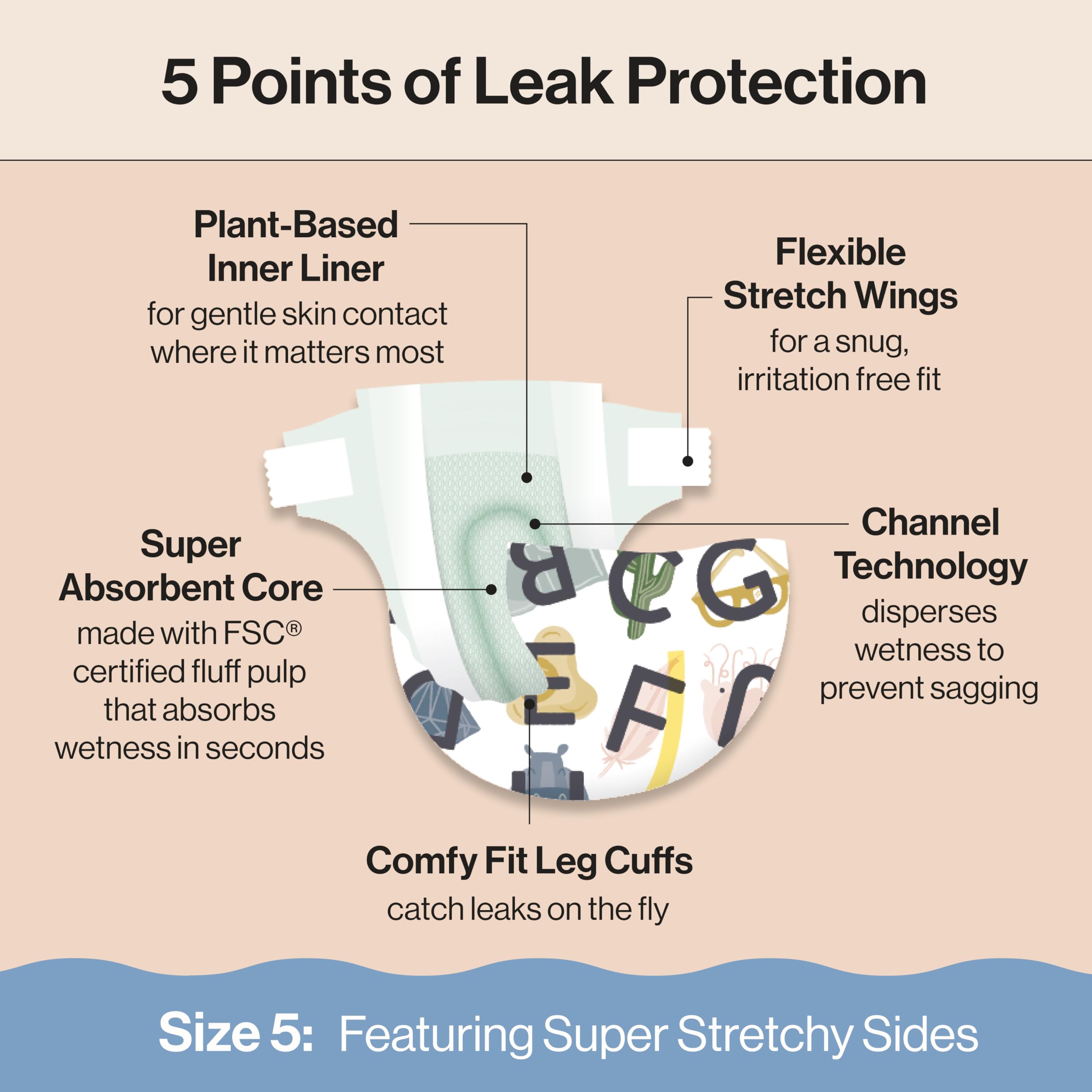 The Honest Company Clean Conscious Diapers for Sensitive Skin | Hypoallergenic, Fragrance Free | Gender Neutral Prints | Club Box, Size 5 (27+ lbs), 44 Count