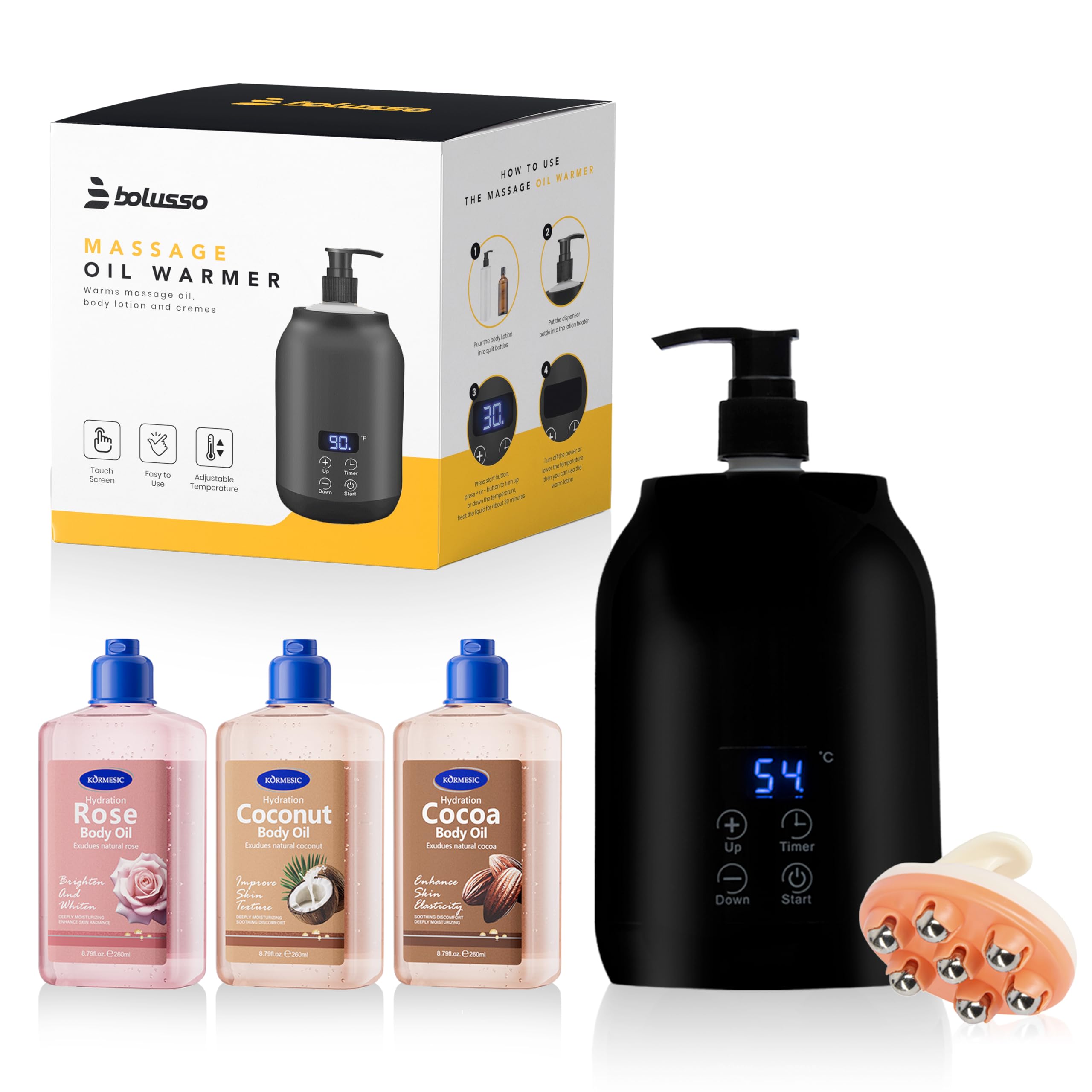 Massageöl Wärmer Set mit 3 Duftölen | Jasmin, Lavendel & Rose | Gleichmäßige Erwärmung für entspannende Massage & Spa-Erlebnis zu Hause