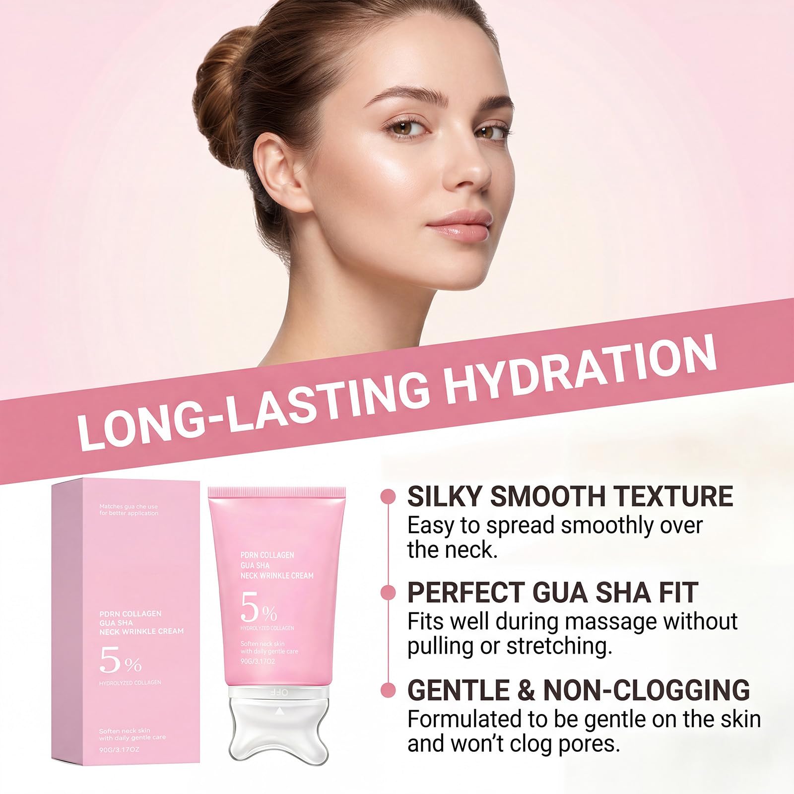 Crema hidratante antiarrugas para el cuello con colágeno y masajeador Gua Sha incorporado, hidratante reafirmante y lifting para el cuello, bálsamo multiusos con colágeno y péptidos PDRN. (6 piezas)