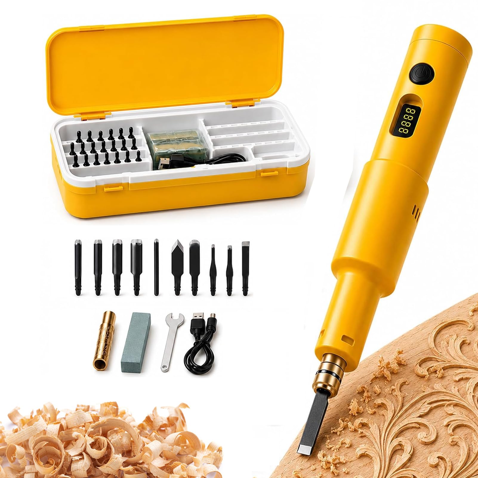 Cincel De Madera Eléctrico Inalámbrico 40w, Cabezales De Hoja 5/10/20 | Kit de tallado eléctrico todo en uno, recargable por USB para taladrar, lijar, pulir y grabar(10)