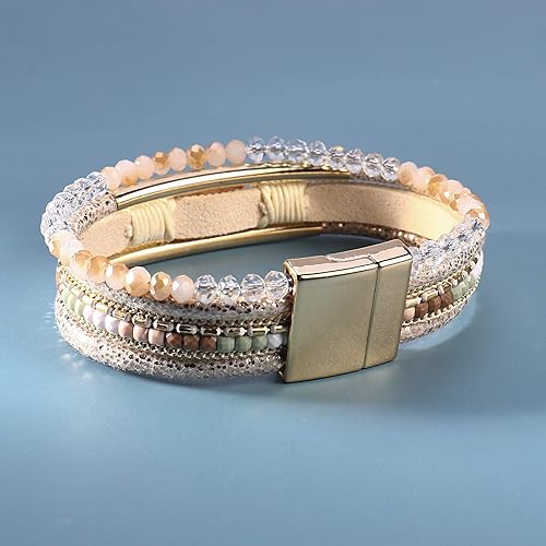 Miniatura 6 de FANCY SHINY- Pulseras de cuero de la envoltura de cuentas de cristal de la pulsera Boho Cuff piedra, dije, pulseras con cierre magnético de joyería
