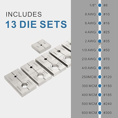 Miniatura 2 de Engarzadora de cable hidráulico industrial de 16 toneladas, 9 AWG a 600 MCM Kit de herramientas de cable de terminal eléctrico incluye 13 pares de