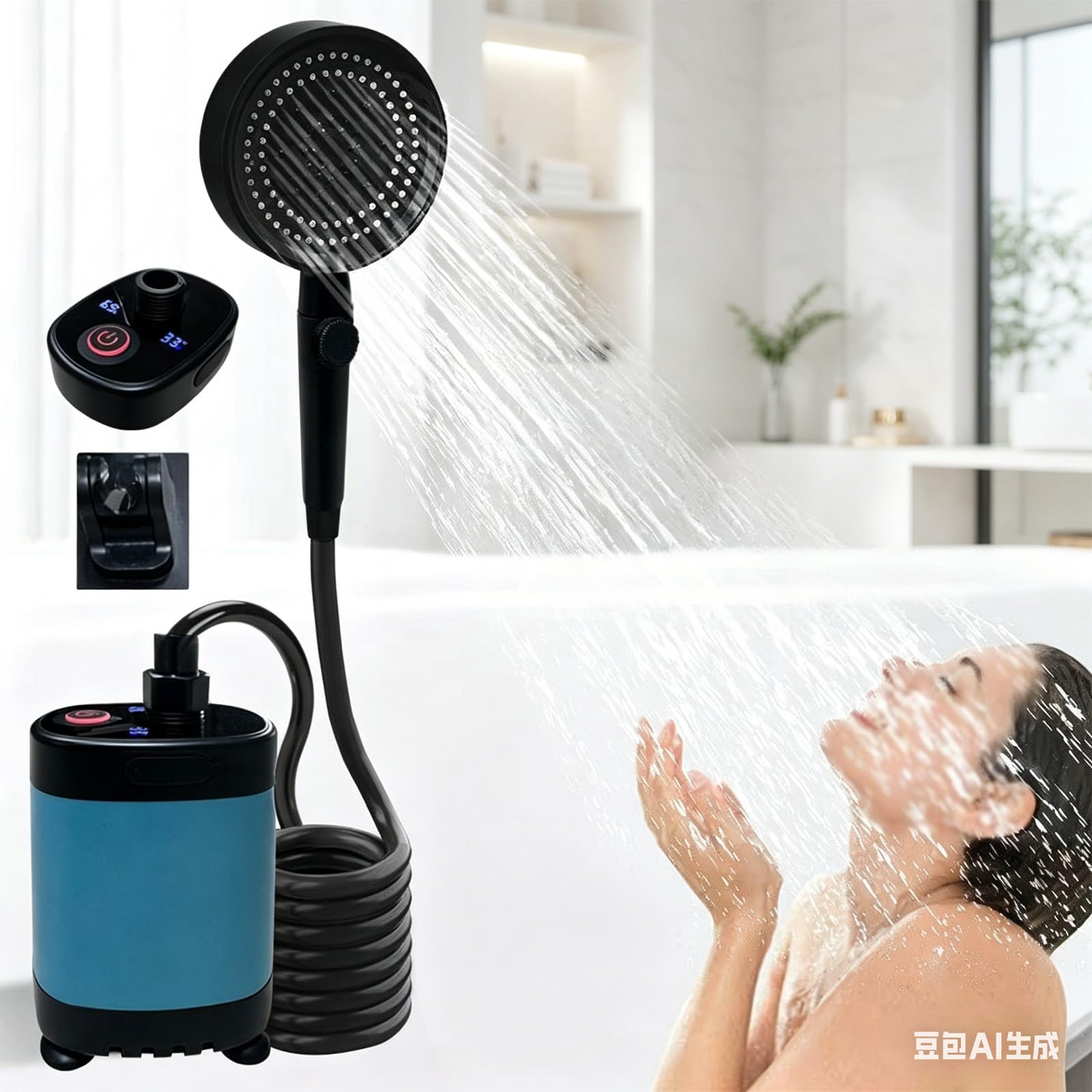 Doccia da campeggio ricaricabile USB compatta con display digitale ABS portatile elettrico per campeggio escursionismo spiaggia ad alta pressione all'aperto