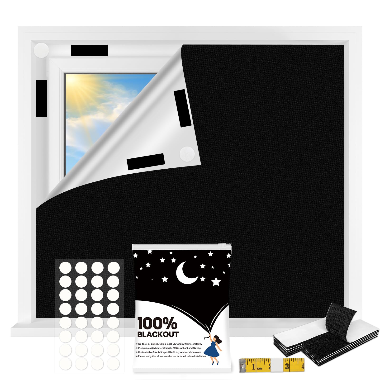 Flow fire 300x145cm Portable Blackout Blinds Stick On, No Drilling Temporary Black Out Blind for Travel