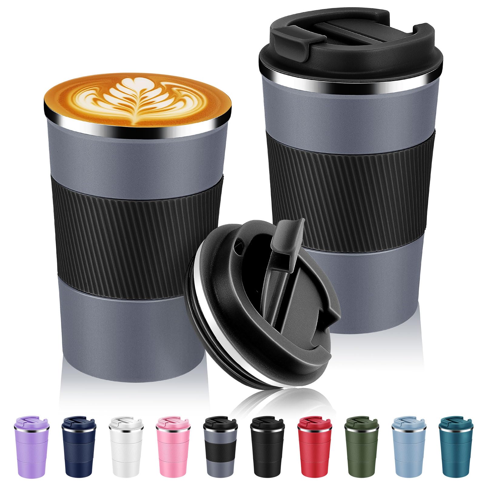 Volhoply 13 oz Stainless Steel Insulated Travel Coffee Mug with Fip Lid Bulk 2 Pack,Reusable Double Wall Vacuum Metal Coffee Cup,Portable Leak Proof