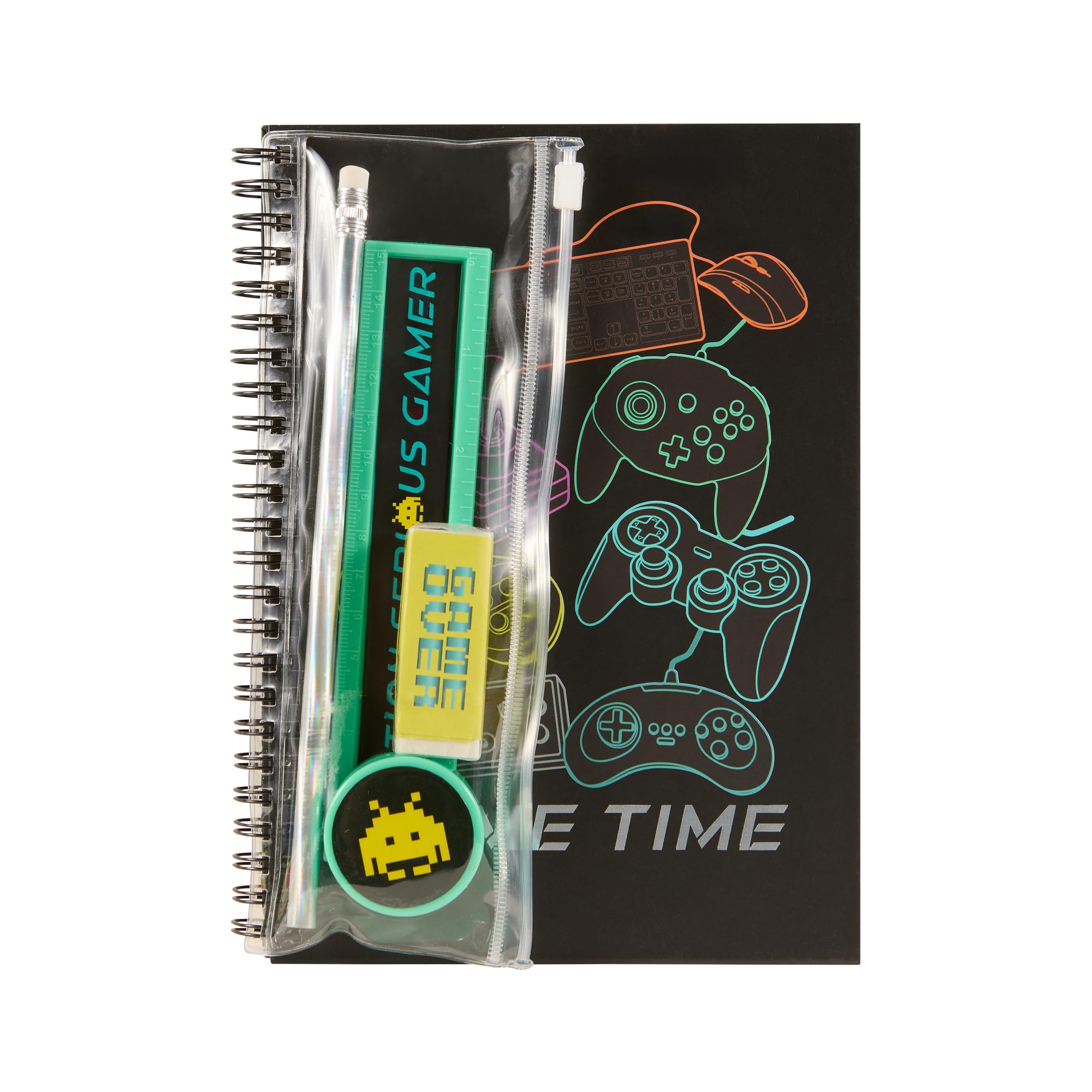 Idena 20186 Notebook A5 with Writing Set, Gaming Design, Spiral Notepad with 120 Pages Squared, 80 g/m²