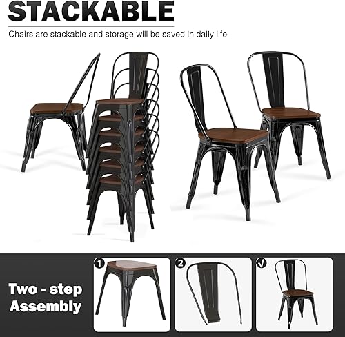 Miniatura 3 de Juego de 6 sillas de comedor de metal con asiento de madera, apilable, industrial, cocina, cafetería, comedor, bistró, al aire libre, obsidiana,