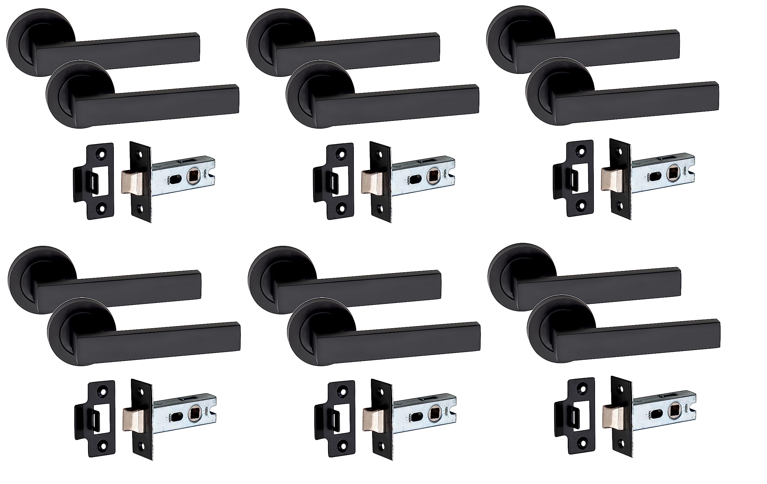 Golden Grace Matt Black Finish Delta Design Door Handles On Round Rose In With 2.5" Tubular Latch, 6 Pairs - 52Mm Diameter