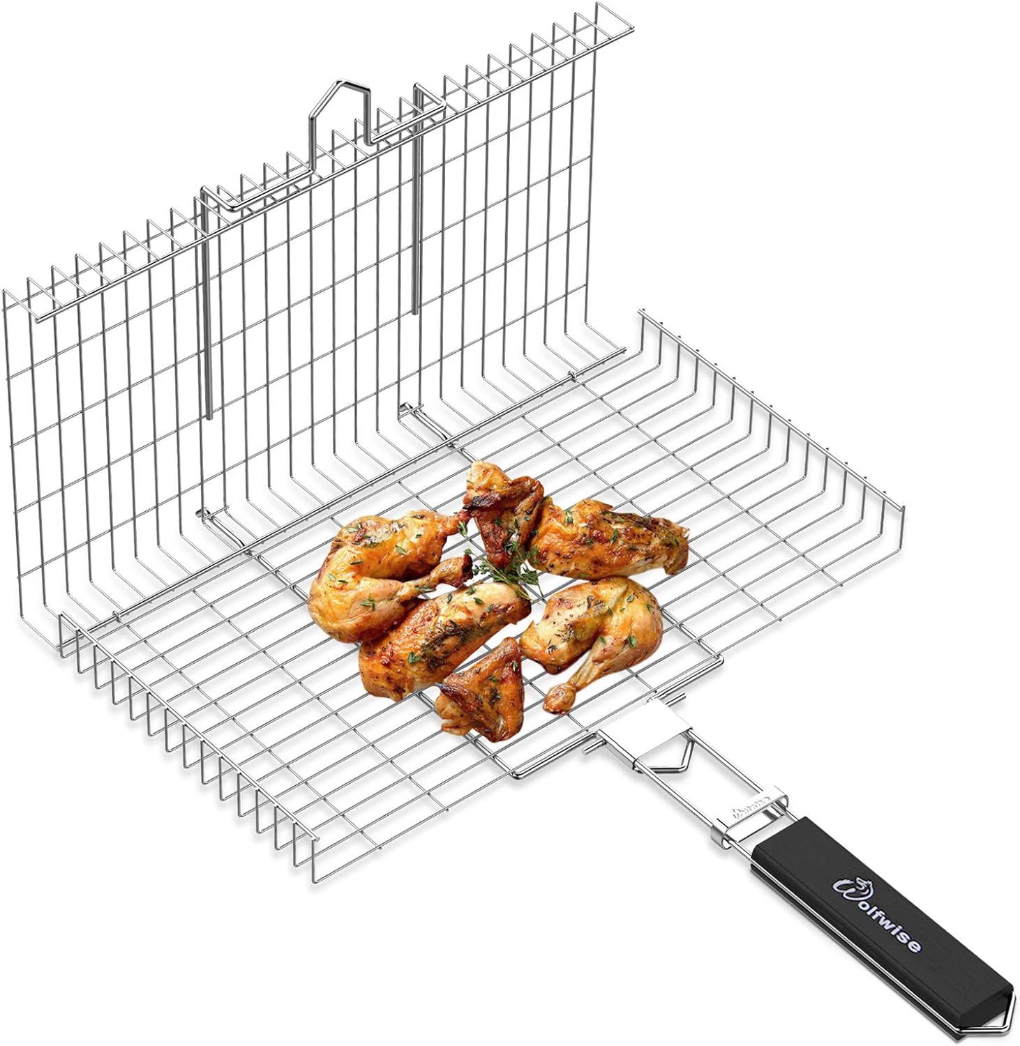 WolfWise Portable Grilling Basket BBQ Barbecue Tool Work for Fish Vegetable Steak Meat Shrimp Chops, Made of Durable 430 Stainless Steel, Large