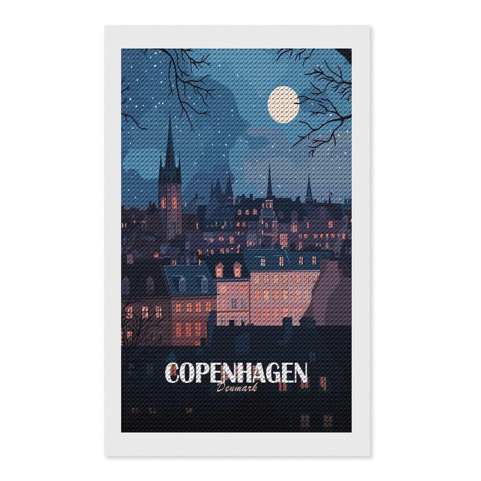 Junmoney Copenhagen, Denmark at Night Diamond Art Canvas 12"x20", for Adults, Printed Canvas, Home Wall Decor, Gift Idea, Mindful Craft Activity