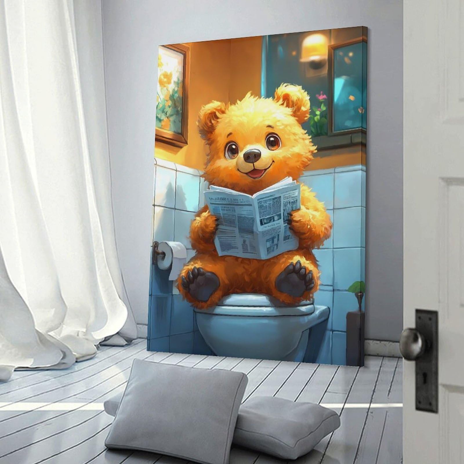 Wall Picture Print Bear Reading Newspaper on Toilet Poster, Picture, Metal Print, Paint by Melvina Poole, 20x30inch(50x75cm), for Apartments, Flats Or New Home Decor, A Simple Refresh for Blank Walls