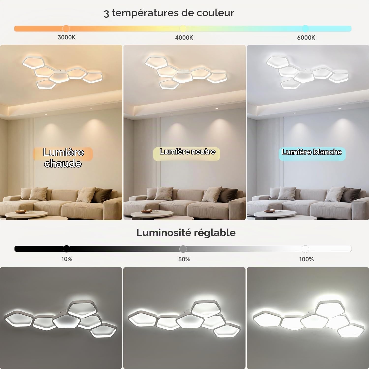 Plafonnier LED Moderne, 58W 3000K-6500K Lampe de Plafond Dimmable, 5 Anneaux Design Chambre Eclairage Luminaire Plafonnier avec Telecommande APP pour Salon Bureau Cuisine Couloir