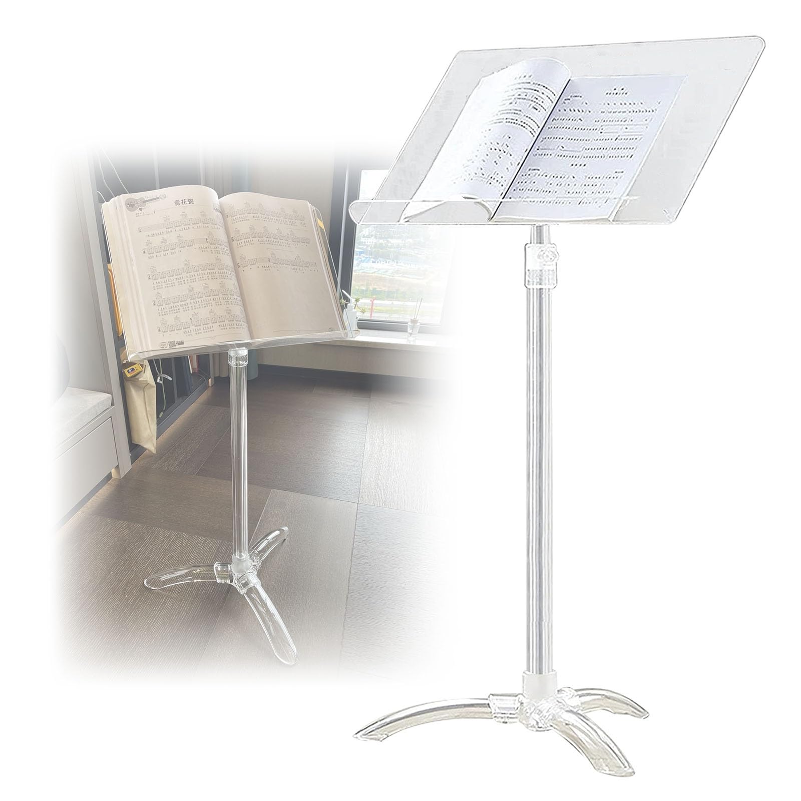 WORDFUN Clear Sheet Music Stand, Acrylic Music Book Stand, Orchestral Music Stand, Height Adjustable, Stable ButterflyMusic Stand for Sheet Music, Easy to Carry