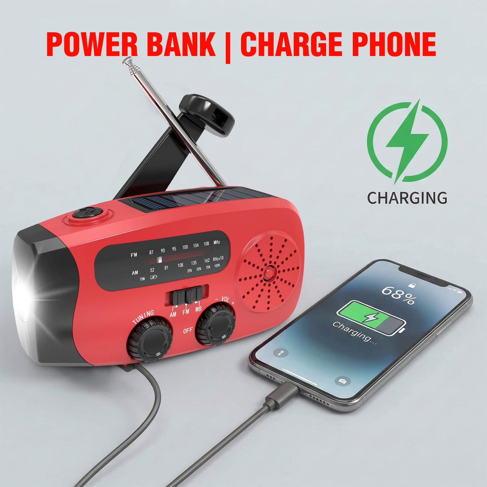 Kurbelradio mit Solar und LED Taschenlampe, 3-LED-Taschenlampe/AM/FM/Wetter/USB-Handyaufladung, Tragbar für Camping, Wandern & Notfallvorsorge