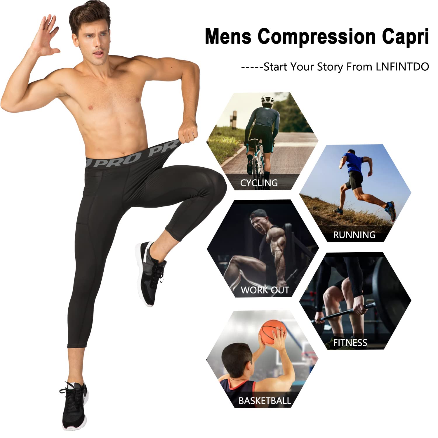 Leggings de Compression 3/4 pour Homme avec Poche Séchage Rapide Leggings de Sport Pantalon de Base Layer Collant pour Basketball Fitness Jogging