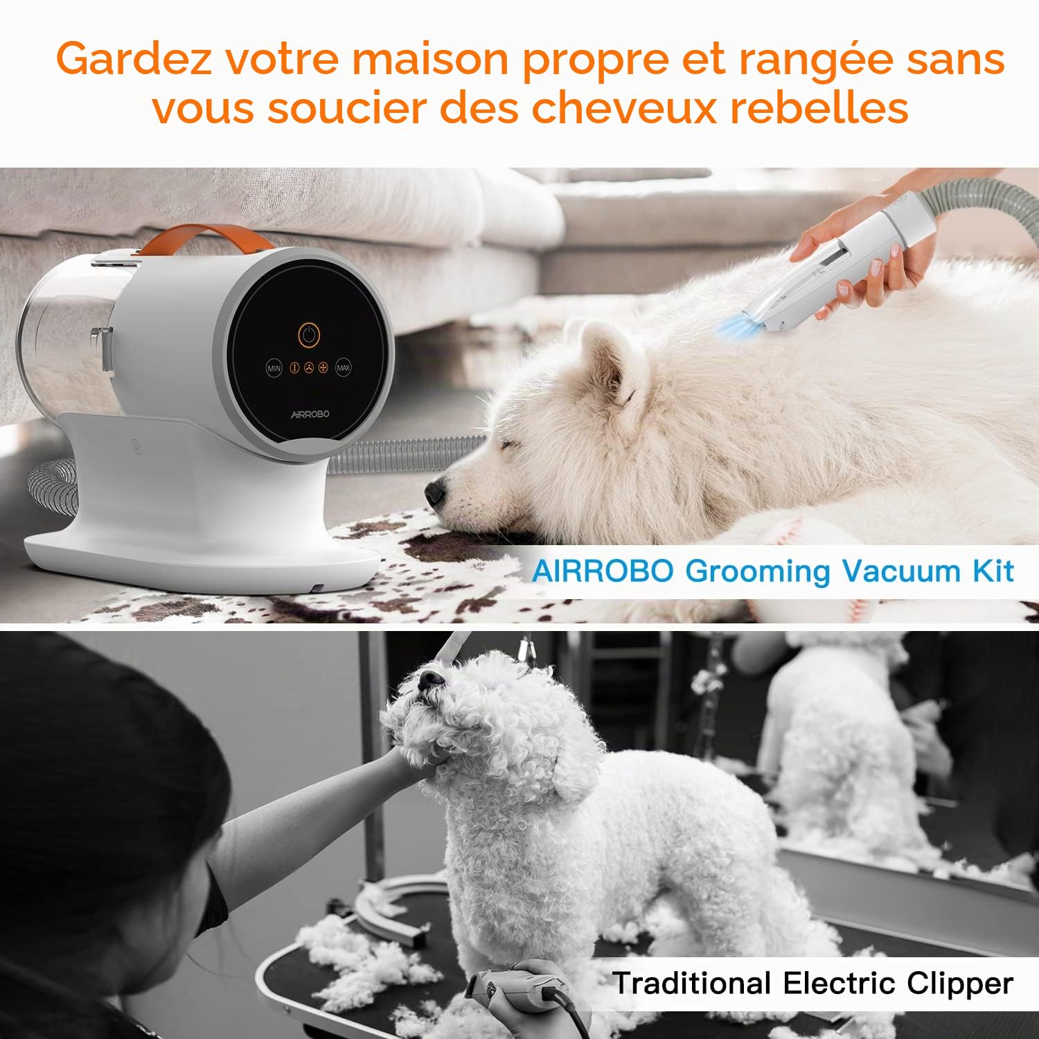 AIRROBO PG100 Kit de toilettage pour Chien avec aspirateur pour ramasser 99% des Poils d'animaux