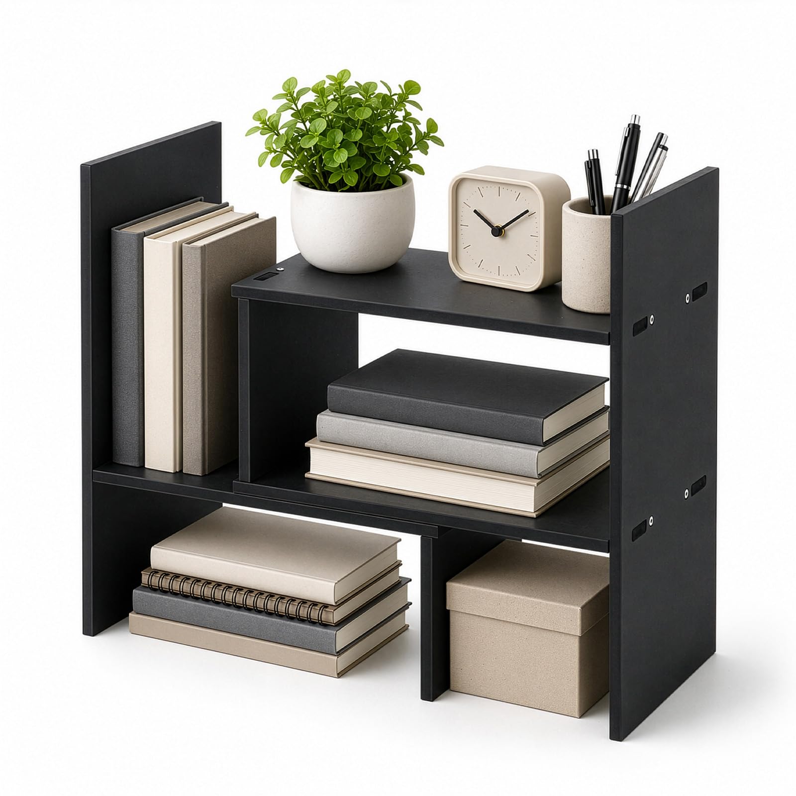 Expandable Desktop Bookcase – Wooden Adjustable Office Storage Shelf Organizer for Home & Office, Space-Saving Bookshelf for Books, Files & Desk Accessories (Black)