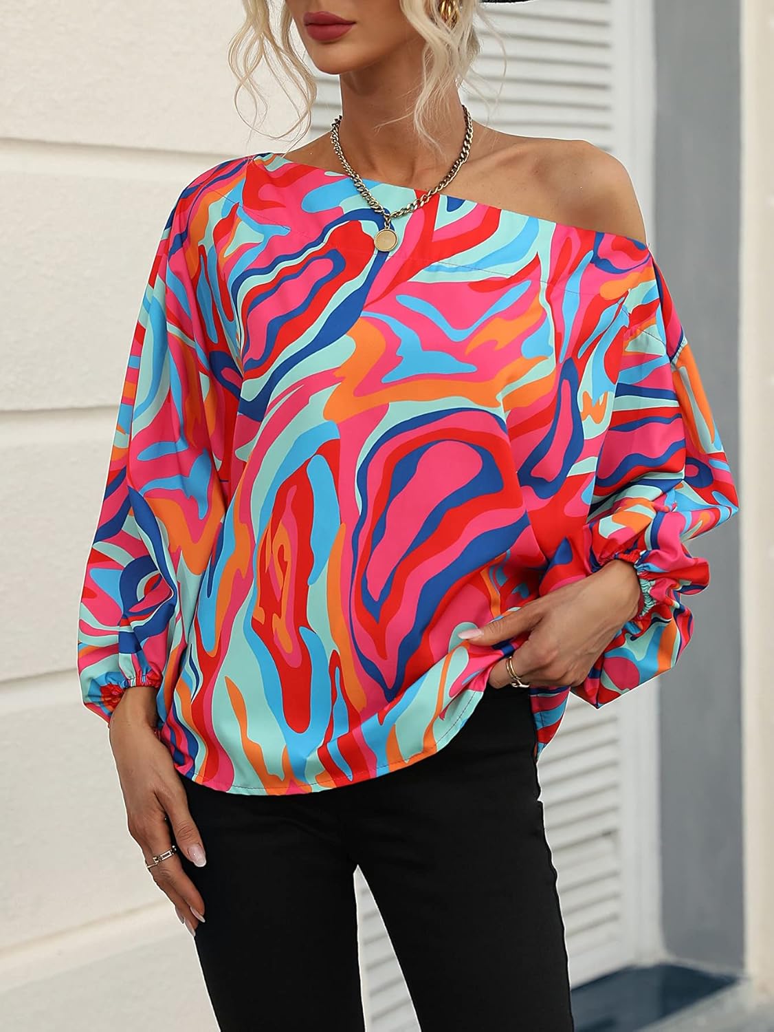 GORGLITTER Women's Colorful Off Shoulder Work Blouse Top Long Sleeve 70s Asymmetrical Neck Business Casual Shirts - Image 5