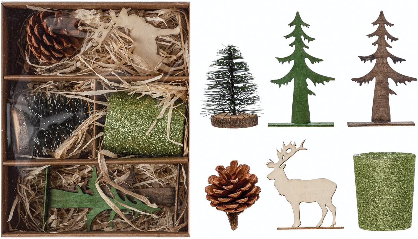 Creative Co-Op Candle Garden Kit with Bottle Brush Tree, Tealight, Pinecone and Wood Figures, Boxed Set of 6