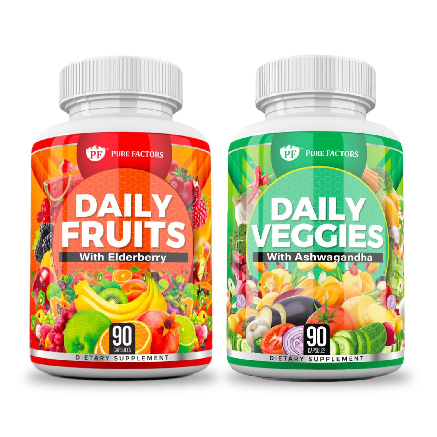 Daily Fruits & Veggies Supplement - Superfood Ashwagandha, Elderberry, Fruit & Vegetable Blend | Immunity & Health Support for Men & Women | 90 Capsules | 2-Pack