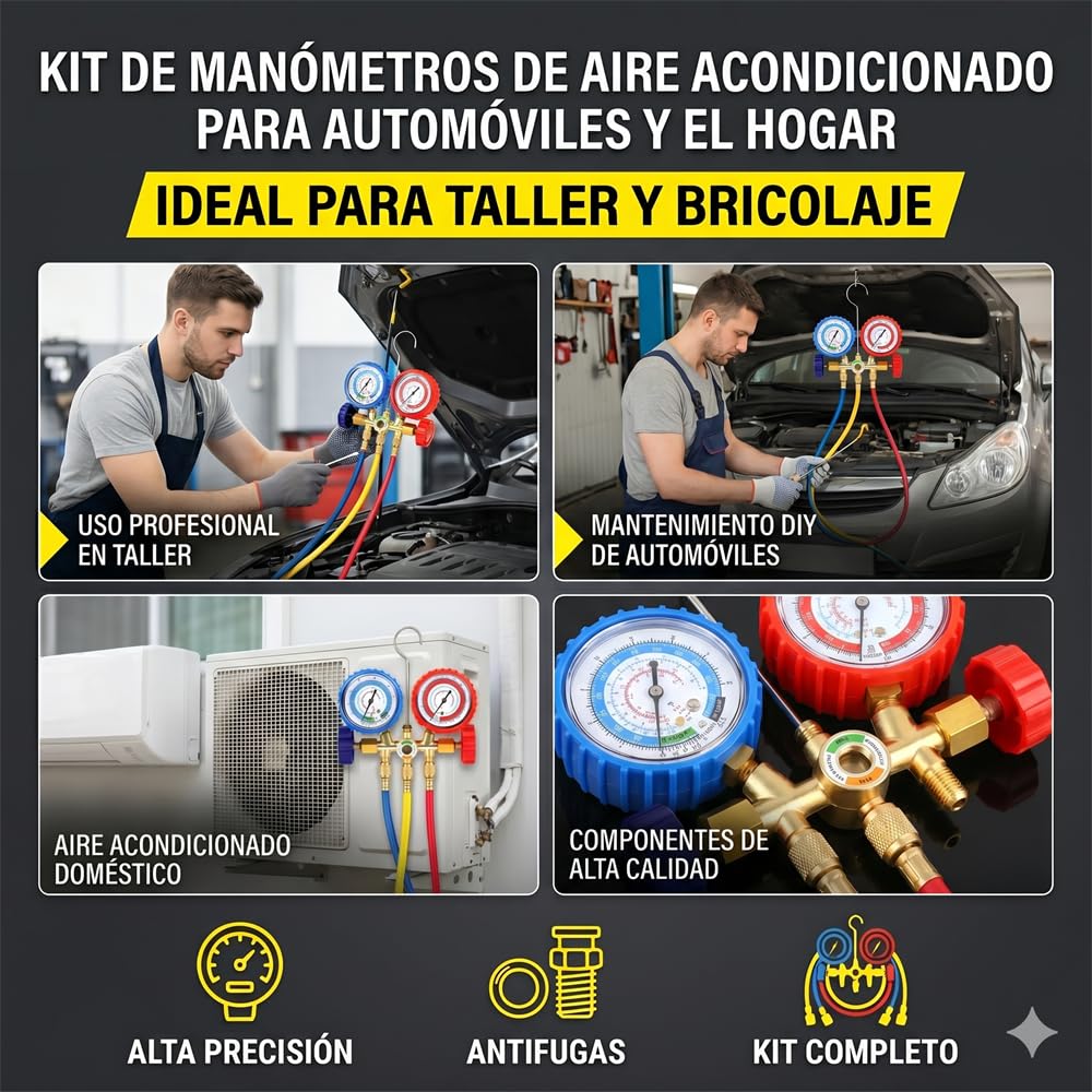 Set de Manómetros R134a para Aire Acondicionado de Coche - Kit de Recarga con 3 Mangueras de 90cm, Acopladores Rápidos y Válvula de Lata Perforadora - Herramienta de Diagnóstico AC Profesional