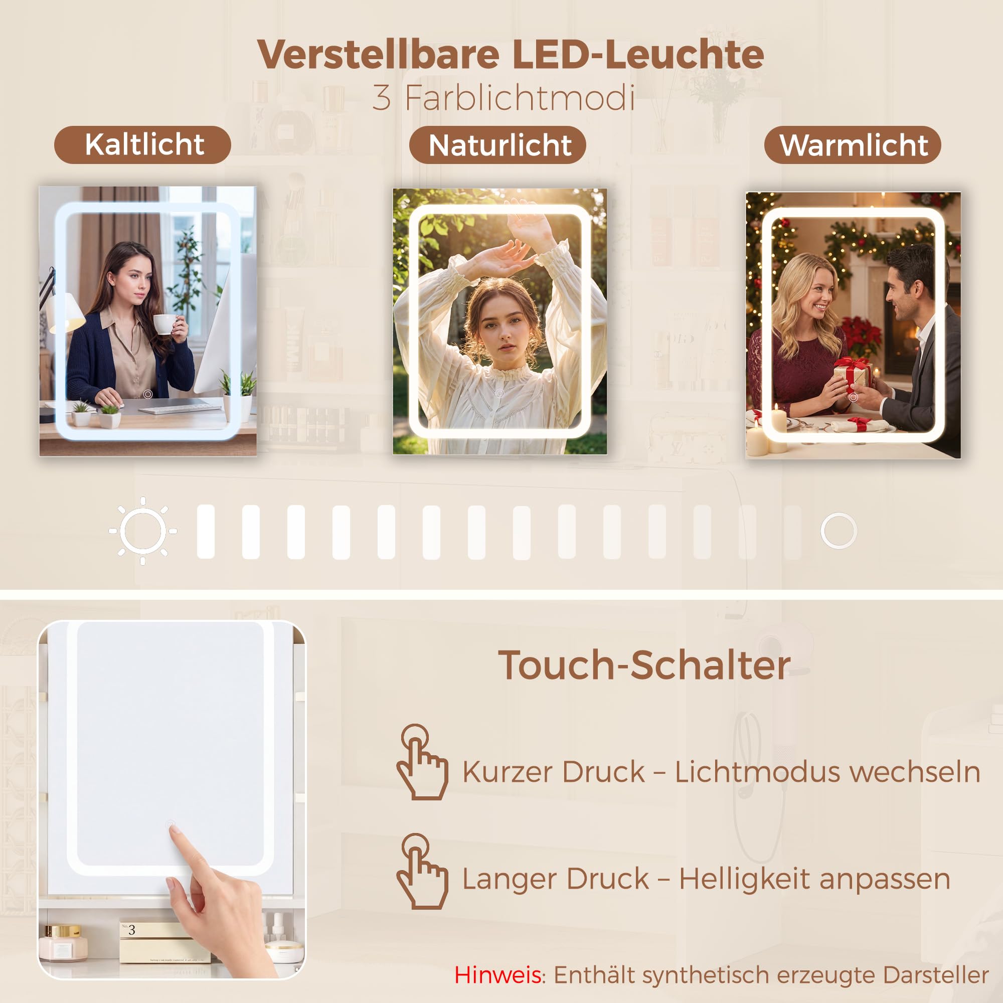 IRONCK Schminktisch mit Beleuchtung und LED-Spiegel, Kosmetiktisch mit Ladestation, 2 Schubladen, offene Seitenschrank, 3 Lichtmodi und Helligkeit Einstellbar, Frisiertisch für Schlafzimmer, Weiß