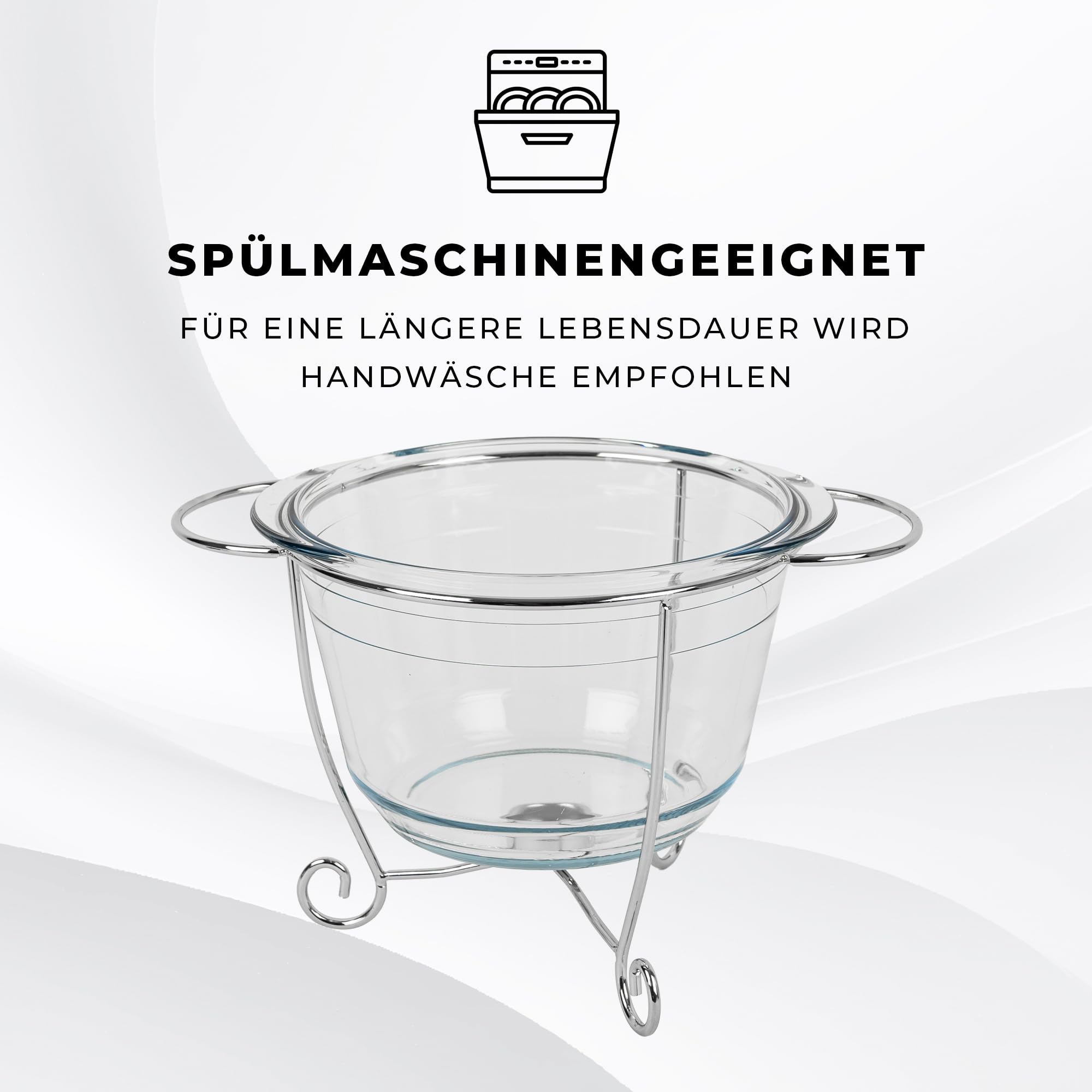KARL HAUSMANN Wärmebehälter für Speisen mit Glaseinsatz - 3.9L - Teelicht Warmhalteplatte - Edelstahl Gestell und Deckel mit Griff - Speisenwärmer - Warmhaltebehälter Essen - Chafing Dish Behälter