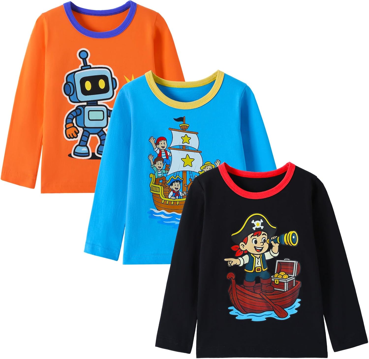 HILEELANG Toddler Boys Long Sleeve Shirts Graphic Cotton Casual Crewneck Tops, Fall Winter Layering Tees 3 Pack,2–7 Years - Image 3