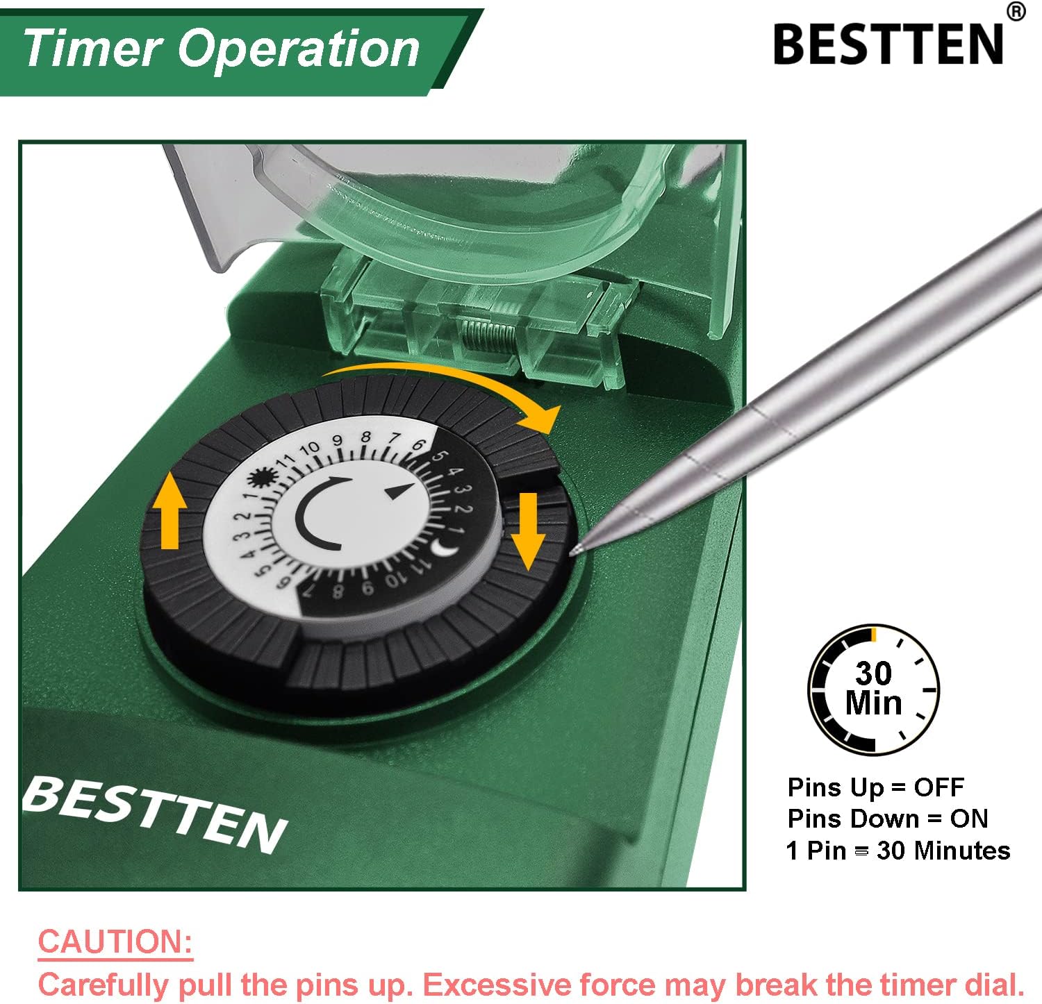 BESTTEN Outdoor 24-Hour Timer, 2 Grounded Outlets, 6-Inch Power Cord, Flat Plug, Heavy Duty, Weatherproof, Ideal for Thanksgiving, Christmas and Other Holiday Decorations, ETL Certified, Green