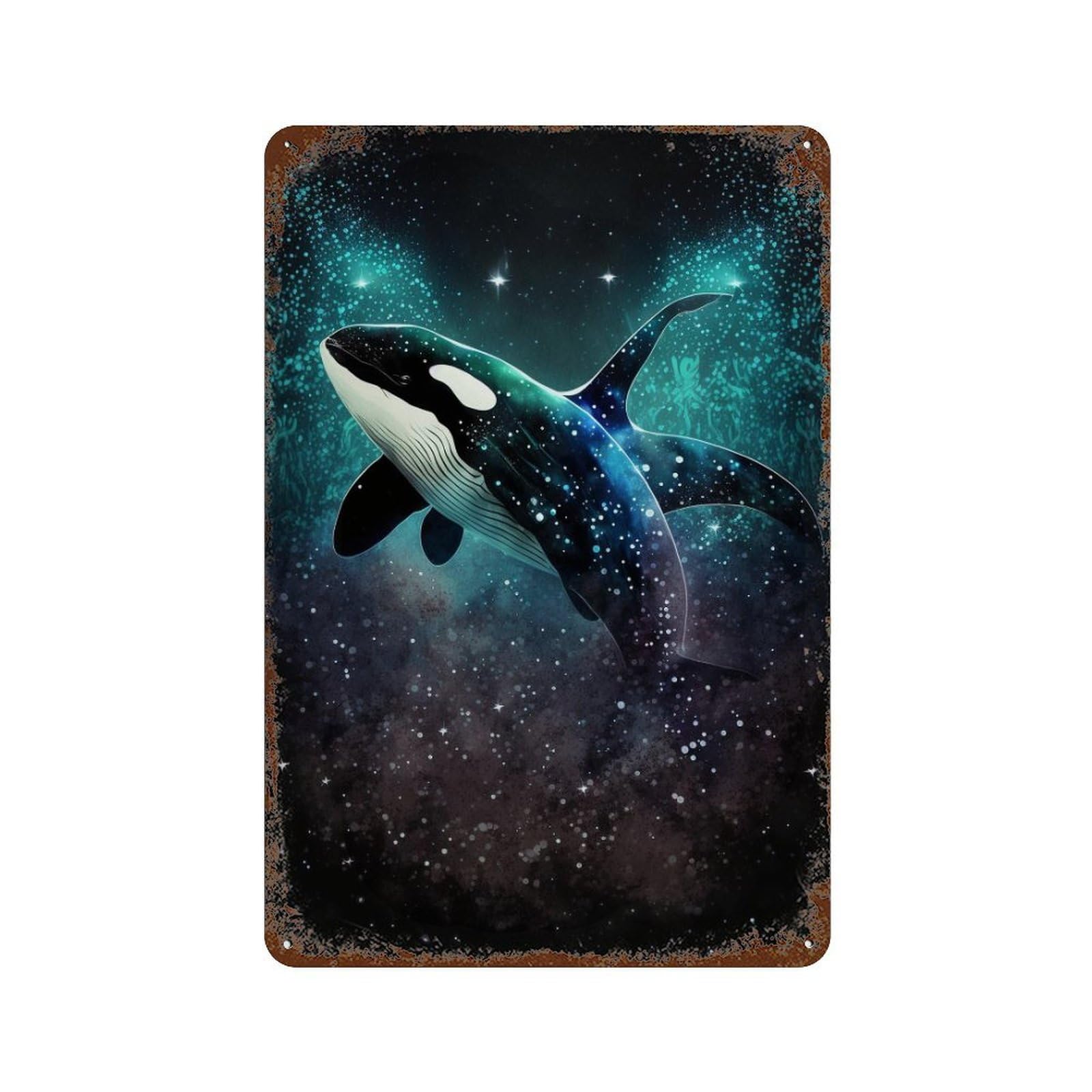 Whale in Space Art Print Weathered Tin Sign 11.8"x7.9", Rustic Home Decor for Garage, Pub Or Kitchen