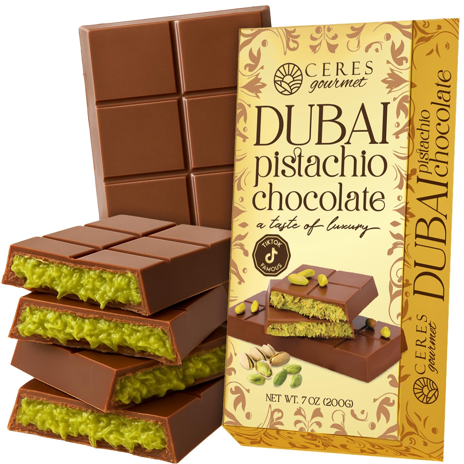 Dubai Crispy Knafeh Chocolate Pistachio Bar 7oz | Famous Dubai Kunafa Chocolate Bar | Crispy Kunafe with Pistachio Paste | Gourmet Dessert Gift