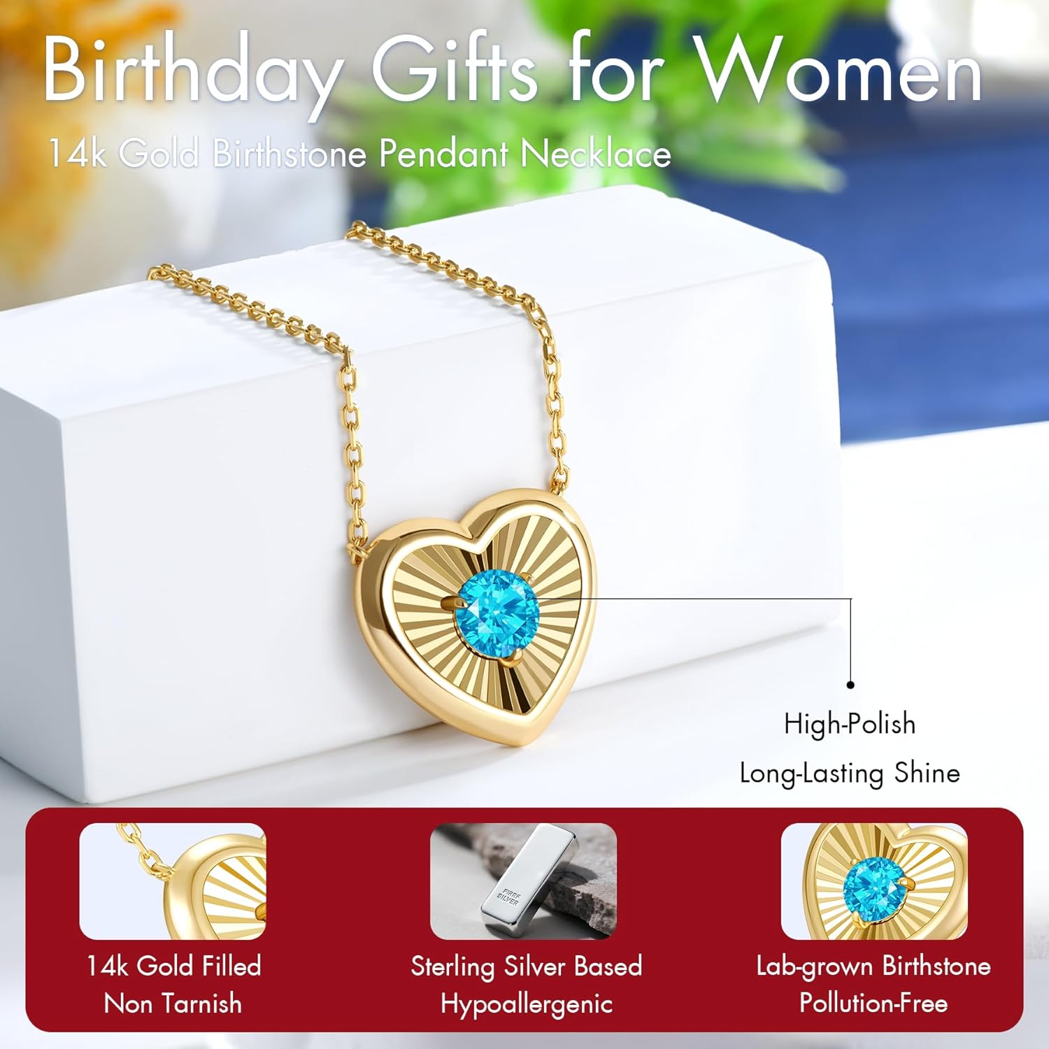 Kstyle 14K Gold Heart Pendant Necklace for Women - Birthstone for Birthday/Valentine's Day Gift, Non Tarnish Statement Jewelry for Wife/Girlfriend/Mom/Daughter (925 Sterling Silver Base)