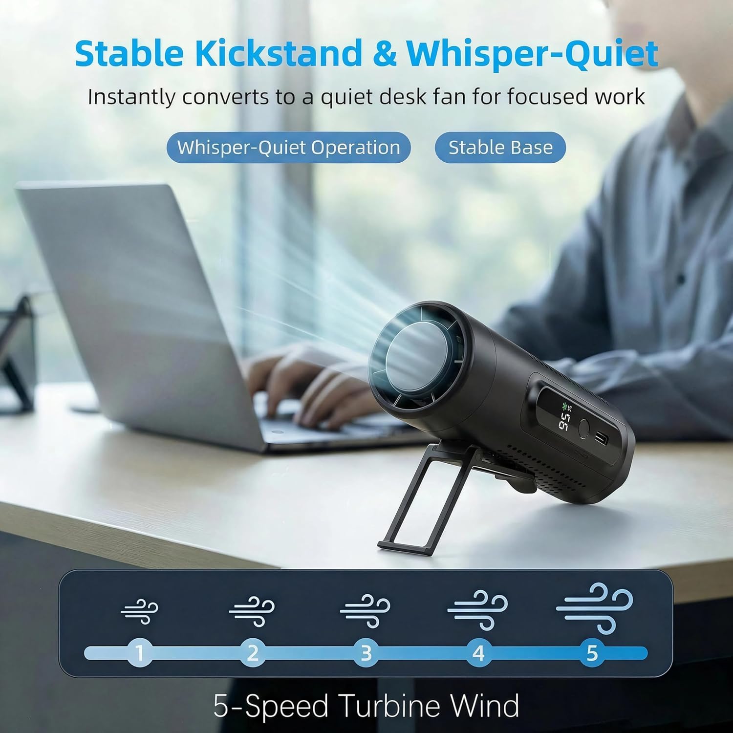 Portable Handheld Fan with Ice Cooling Plate, 3 in 1 Mini Personal Fan with Light & Clip, 5 Speed Rechargeable Fan with LED Display & Hidden Stand, Hands Free Camping Fan for Travel, Desk (Black)