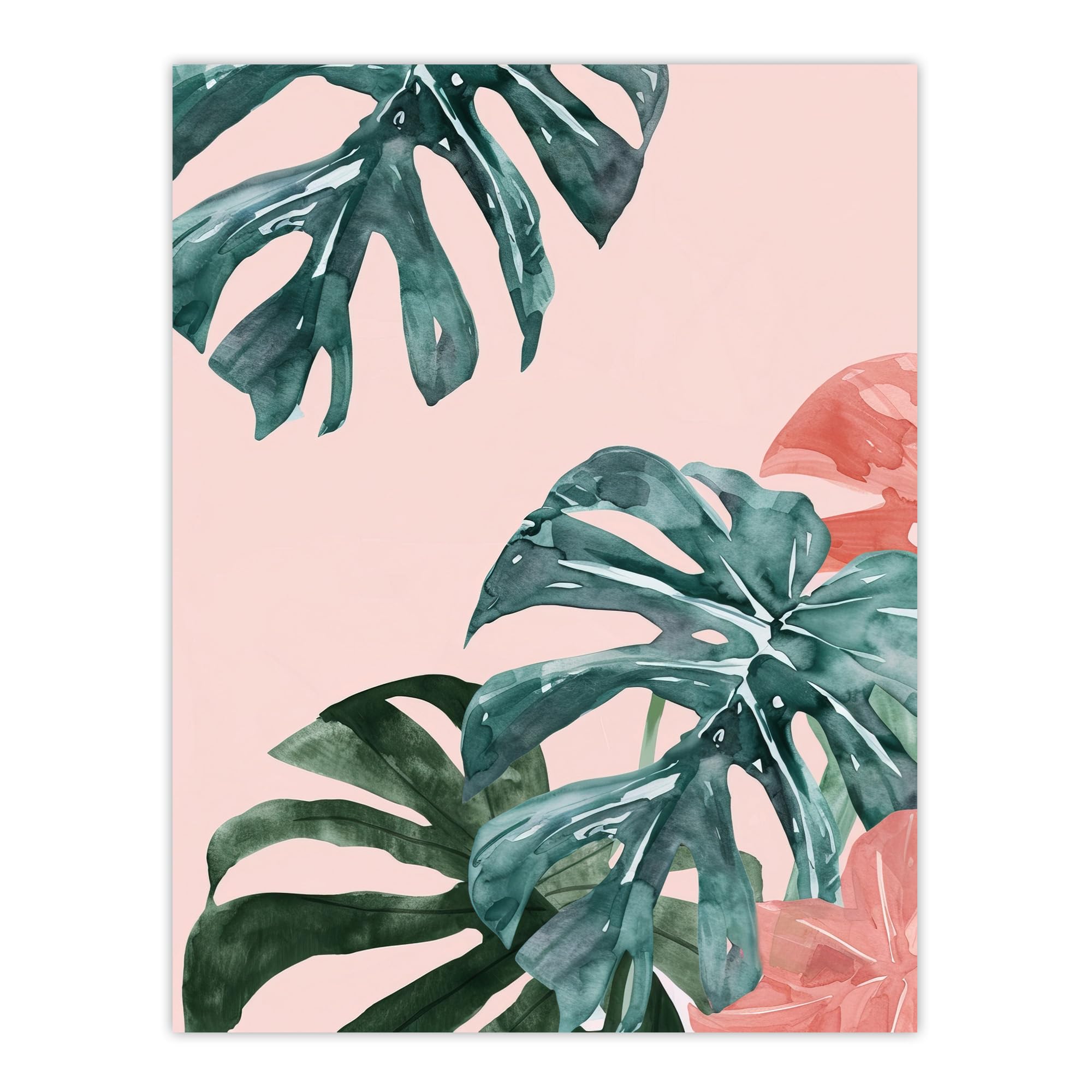 Artery8 Plant Lover Pink Teal Monstera Leaves Watercolour Living Room Large Wall Art Poster Print Thick Paper 18X24 Inch