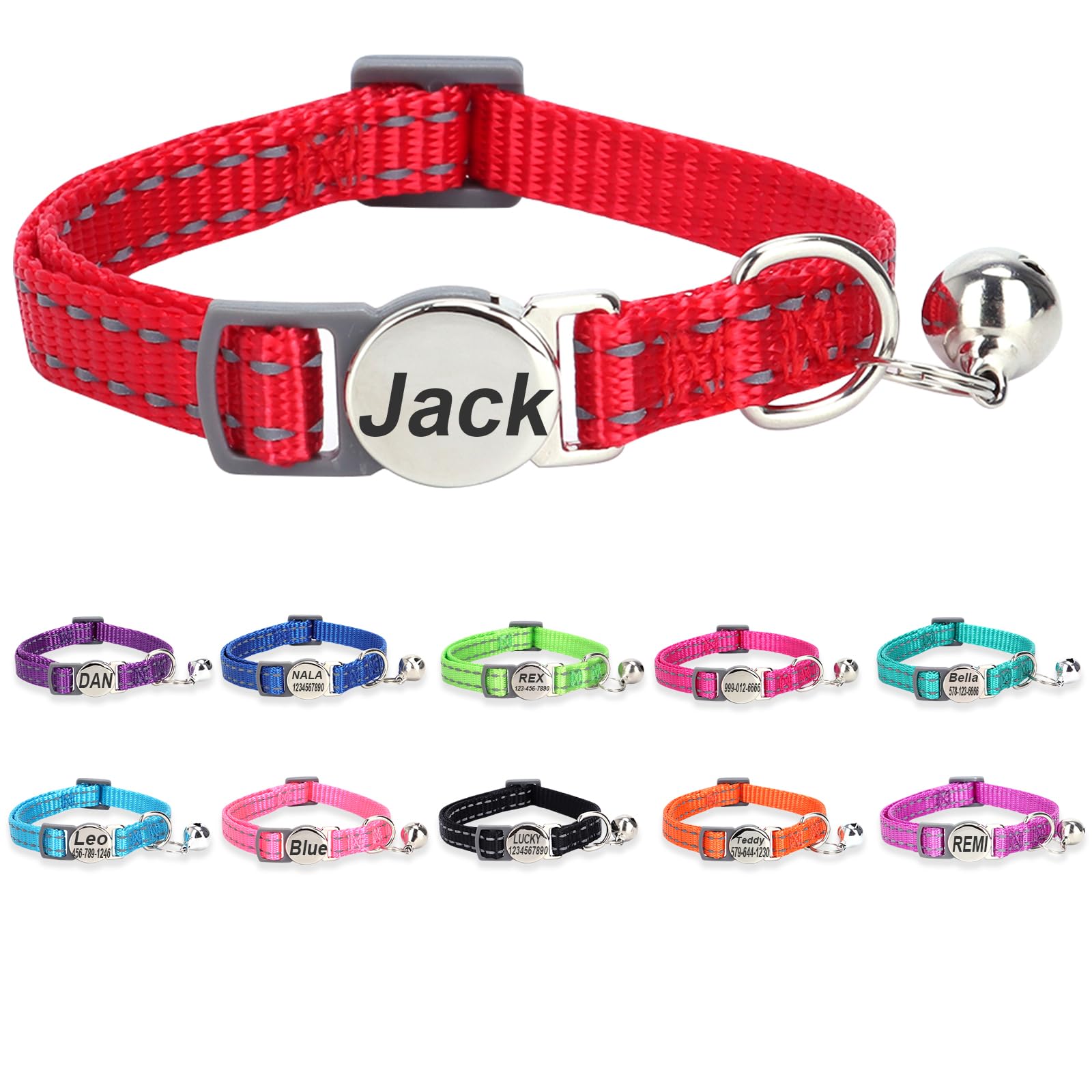 Engraved Personalized Cat Collar,Breakaway Safety Release Buckle,Reflective Collars with ID Name Tag,Adjustable Collar with Bell for Puppy Kitten Cat,Red (7.5''-12.0'') — image 1