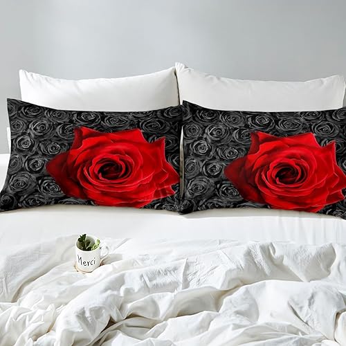 Miniatura 14 de Erosebridal Juego de ropa de cama de rosa roja, tamaño individual, funda de edredón romántica de 2 piezas, funda de edredón con flores y rosas