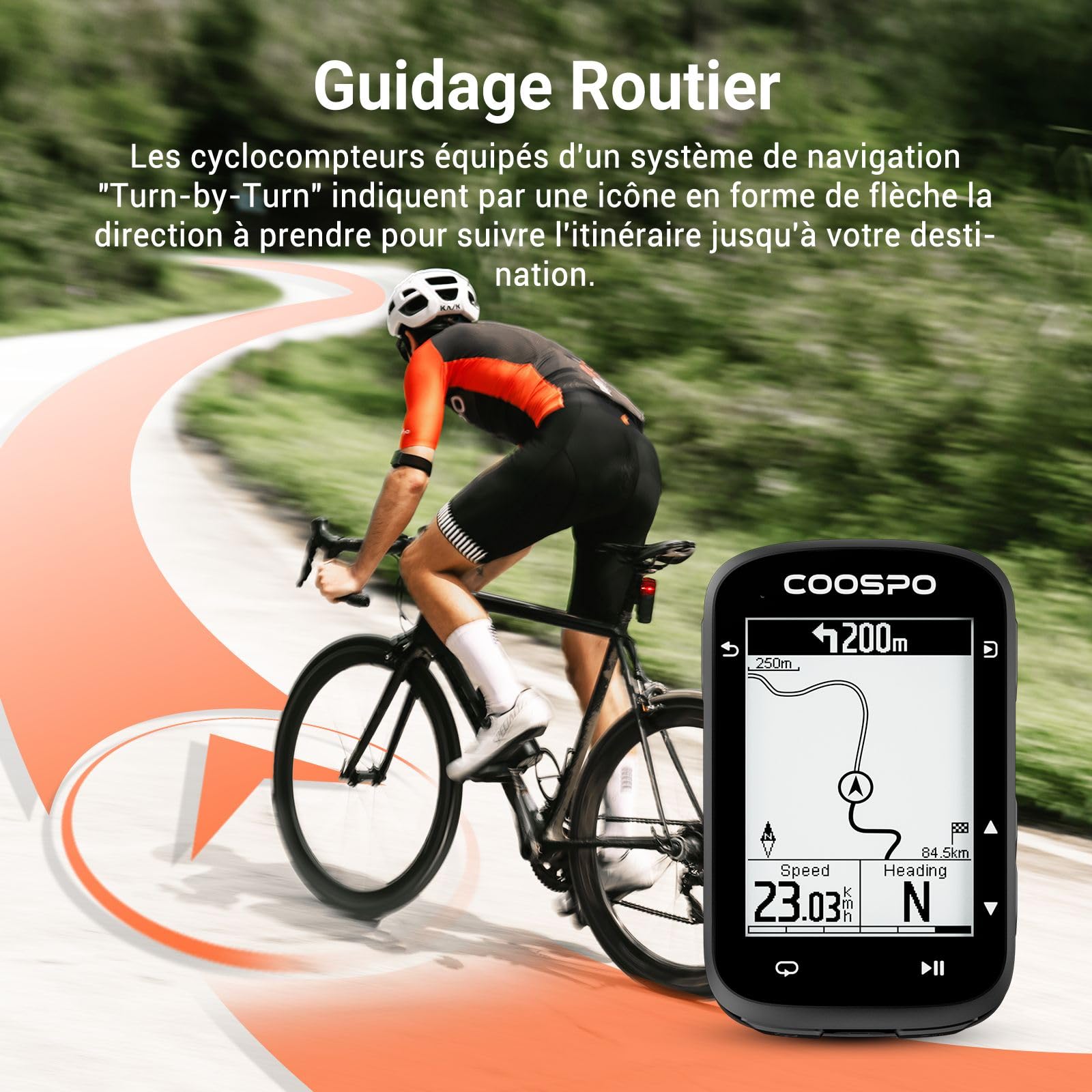 COOPSO CS500 Compteur GPS Vélo sans Fil, Navigation Routière avec IPX7 Etanche, 45H Vie de la Batterie Navigation Écran de 2,6'' Soutien BLE5.0 & Ant+
