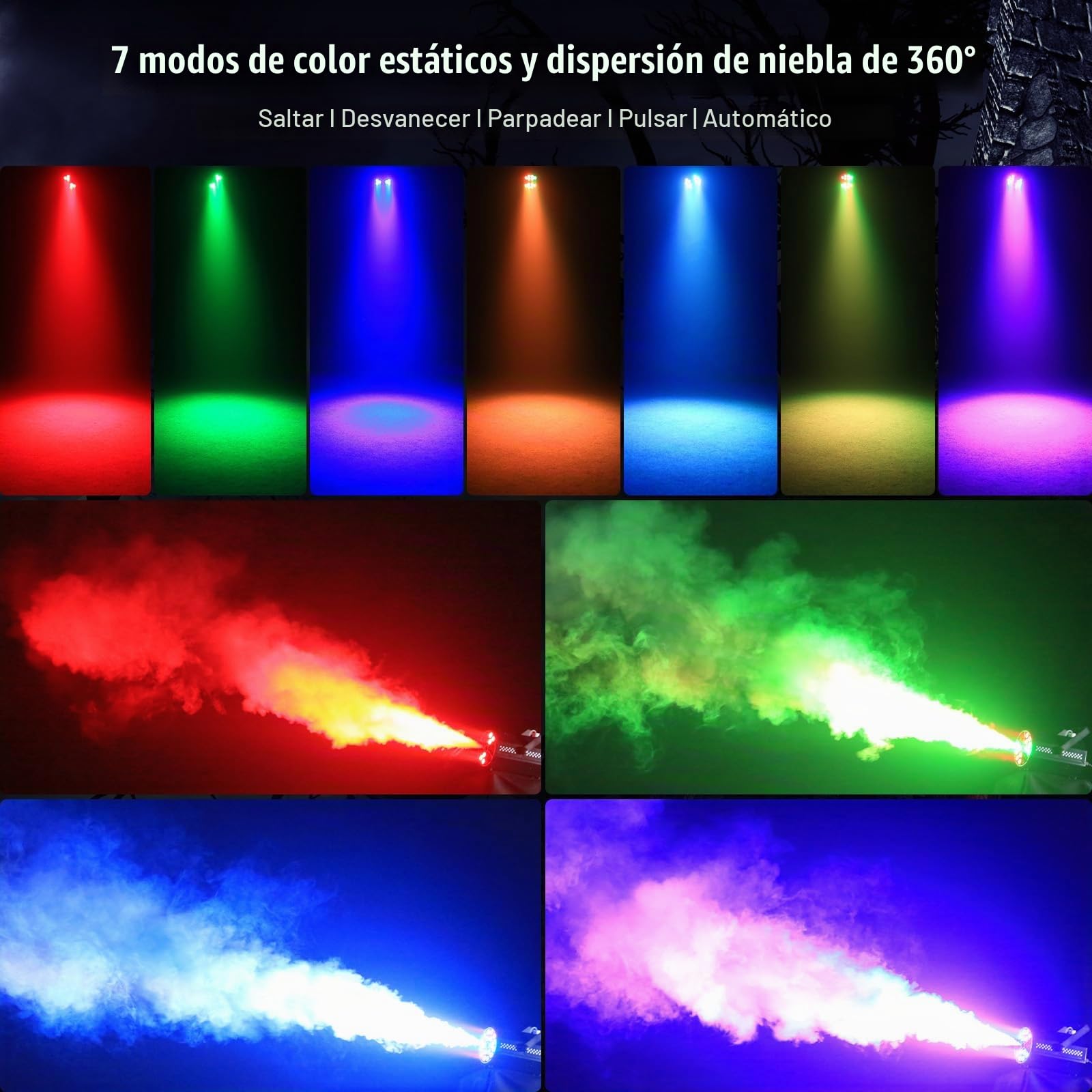 Máquina de Humo, 18 LED RGB con Control Remoto, LED Brillantes, Degradado de Color, Salto, Pulso, Estroboscópico, para Fiestas, Navidad, Halloween, DJs, Escenarios y Exteriores